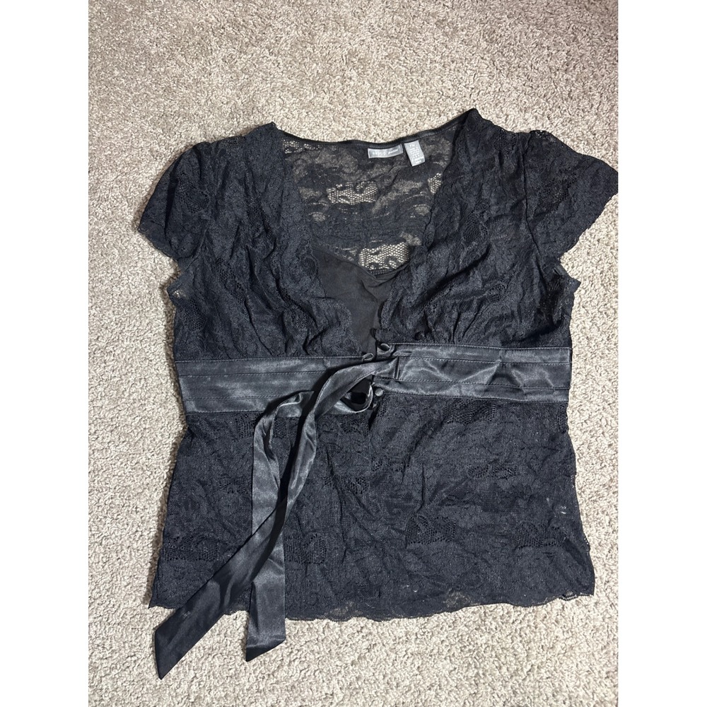 Apt. 9 Petite Black Floral Lace V-Neck Blouse Satin Tie Waist PM y2K
